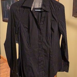 Button down blouse. Black with white pin stripes.